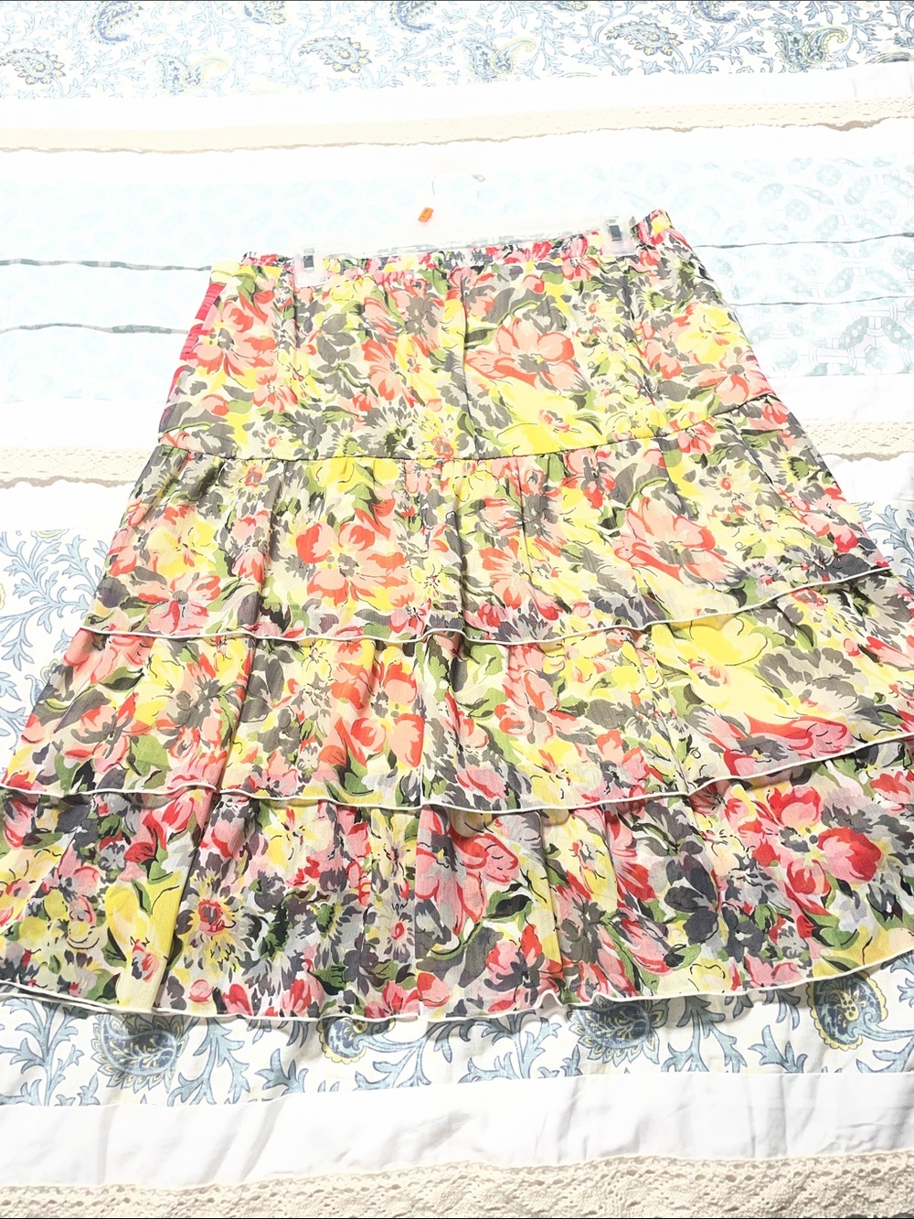 Kim Rogers Floral Tiered Skirt in Yellow, Coral, Gray and Green